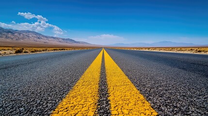 A very long, straight, and empty desert highway stretching to the horizon. A single, perfect yellow line is being painted down the middle by an automated machine.
