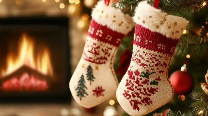 Obraz premium Christmas Stockings hanging with decorative elements near fireplace