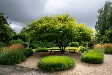 A serene garden scene showing a large green tree surrounded by benches and lush grass under a cloudy sky, inviting relaxation and contemplation