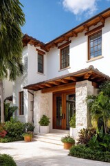 Fototapeta premium The entrance of a stunning modern villa is beautifully framed by lush tropical plants and vibrant greenery, basking in a warm, sunny climate
