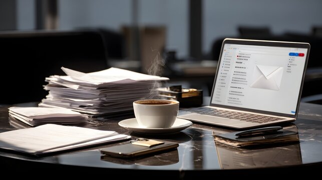 Steaming cup of coffee sits beside a laptop displaying an email interface, amidst stacks of paperwork, a phone, and a notepad, suggesting a busy office environment. - Powered by Adobe