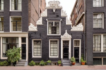 Obraz premium Beautiful old black townhouse with white architectural details in a quiet street, showcasing traditional design and charming greenery in Amsterdam