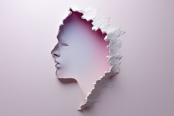 Surreal profile silhouette of human face emerging from torn paper with soft pastel gradient background, evoking creativity and introspection in modern art style