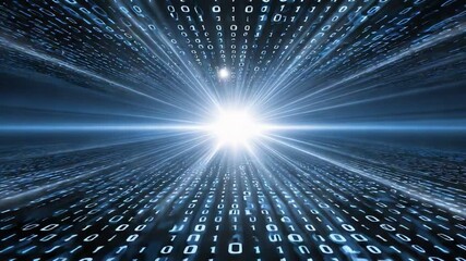 An abstract digital background featuring a burst of light surrounded by binary code, symbolizing data processing and technological advancement. Ideal for tech-related projects. - Powered by Adobe