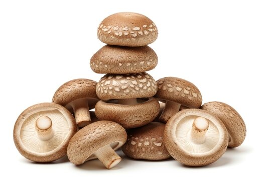 Gourmet Shiitake Mushrooms Artfully Stacked and Piled, Isolated on a Clean White Background.