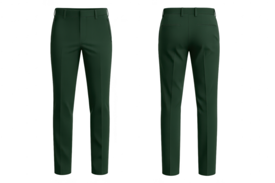 Dark green tailored trousers, front and back isolated on transparent