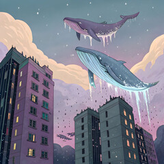 A surreal dreamscape featuring melting buildings and majestic flying whales