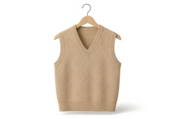 Beige V-neck argyle sweater vest on a wooden hanger, isolated on transparent background