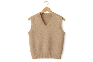 Beige argyle knit sweater vest, V-neck, isolated on transparent background