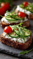 Elegant photo of delicious toast with cream cheese, cucumber, tomato, arugula and seeds.