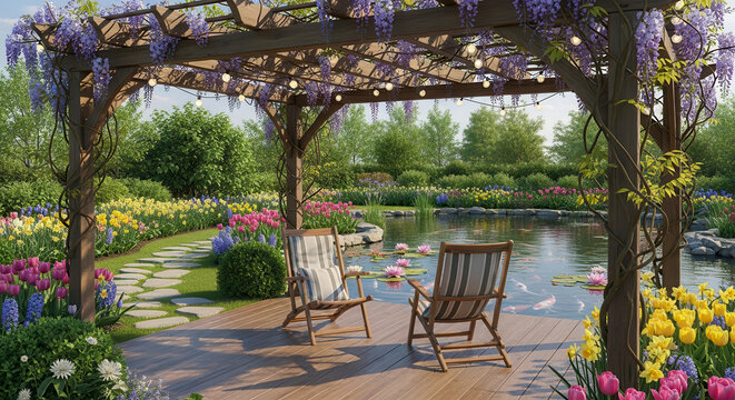 Tranquil Garden Oasis with Pond and Pergola