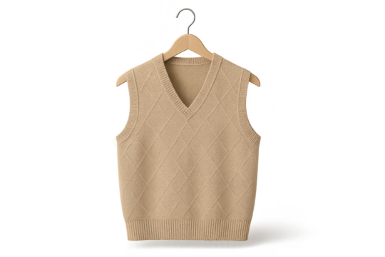 Beige V-neck argyle sweater vest on a wooden hanger, isolated on transparent background