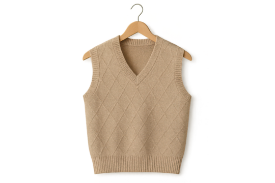Beige argyle knit sweater vest, V-neck, isolated on transparent background