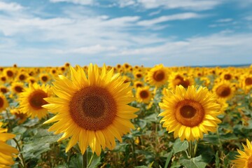 Sunflower stands out in a vibrant field of yellow flowers under a clear blue sky