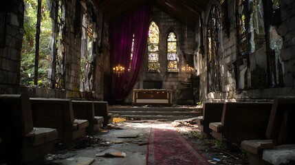 Dilapidated interior view showcases a sanctuary with broken windows revealing lush greenery and vibrant stained glass.
