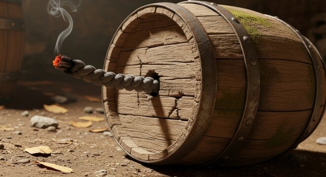 Imminent Detonation - A Weathered Wooden Powder Keg with a Lit Fuse Smoking in the Dark.