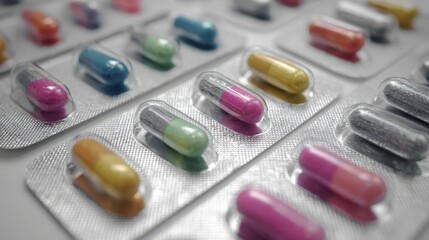 Assorted Colored Pills in Blister Packs Showing Healthcare Concept