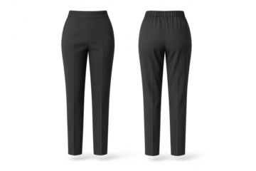 Dark grey women's pants, front and back, isolated on transparent.
