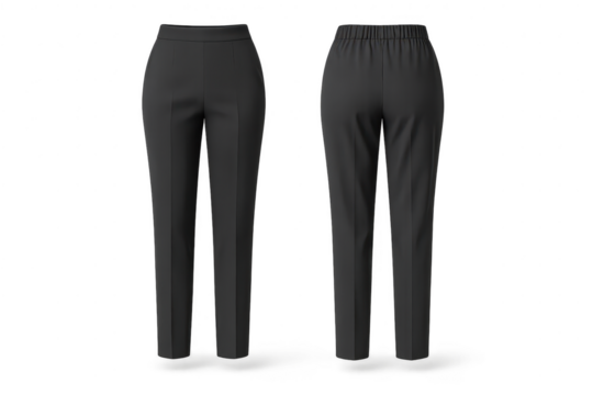 Dark grey women's pants, front and back, isolated on transparent.