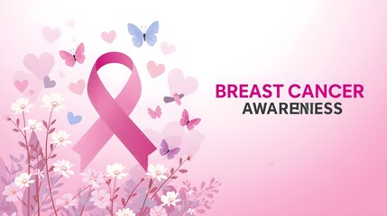 Breast cancer awareness pink ribbon floral illustration with butterflies hearts and soft pastel bokeh background, campaign poster for fundraising, screening promotion and survivor support