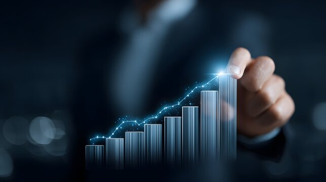 Businessman drawing glowing upward arrow on financial growth chart, concept of success, profit, investment, and positive trend in business performance