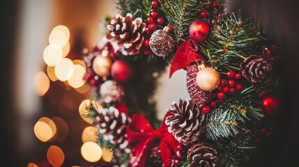 Fototapeta premium A Festive Christmas Wreath With Holiday Decorations Closeup