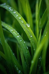 Fresh green grass glistening with raindrops after a gentle rain shower in the early morning