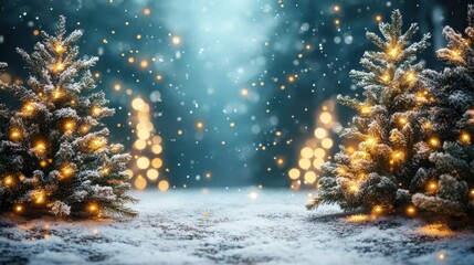 Christmas Trees in Winter Background with Sparkling Lights