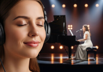 young woman's face using music headphones and imagining a singer playing the piano on stage