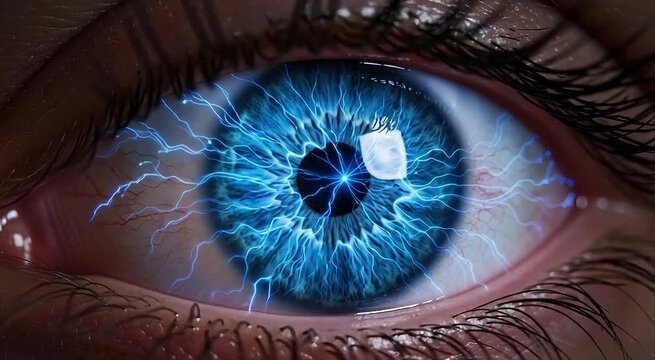 Intense blue eye with striking electricity effect pulsing through the iris creates a captivating futuristic and mysterious vibe