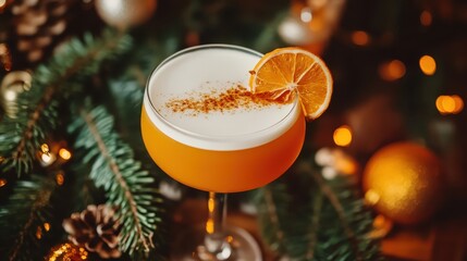 A festive cocktail with orange garnish and seasonal flavors