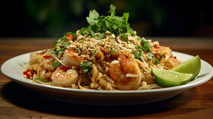 Delicious plate of stir-fried noodles with juicy grilled shrimp, fresh herbs, and crunchy peanuts, along with a side of lime wedges, presented on a white plate set on a wooden surface.