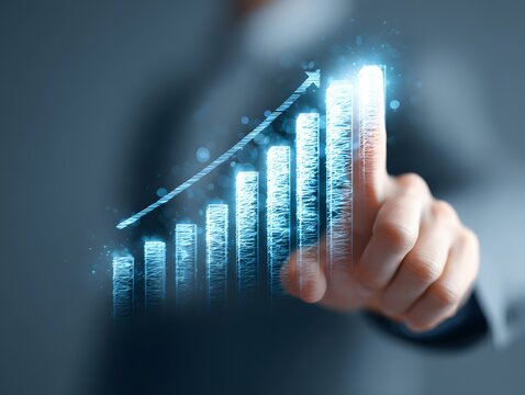 Businessman touching virtual data bar chart showing growth and progress, analytics concept for success, finance, business development, and performance
