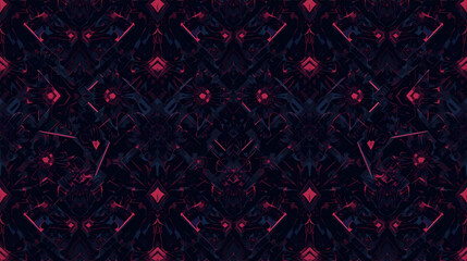Dark abstract symmetrical pattern with intricate red and blue geometric shapes, creating a futuristic and mystical visual.