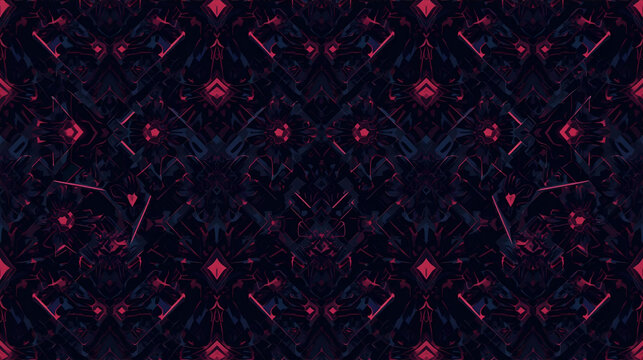 Dark abstract symmetrical pattern with intricate red and blue geometric shapes, creating a futuristic and mystical visual.