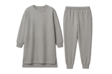 Grey comfortable sweatshirt and matching sweatpants set, isolated subject.