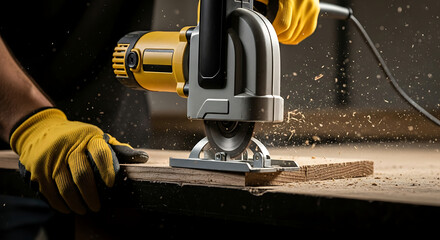 A skilled carpenter in protective gloves using a powerful circular saw to cut a wooden plank