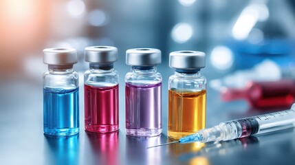 Close up of colored liquid medicine vials with a syringe