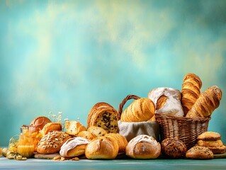 Assorted freshly baked breads in baskets and wood against a blue texture background