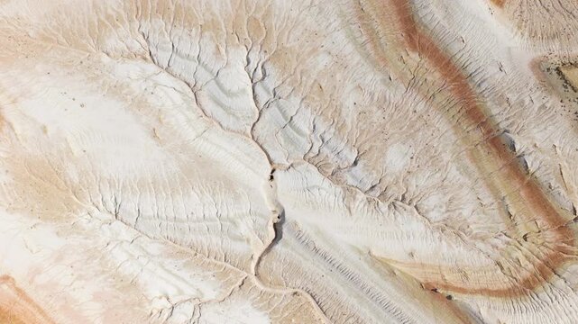Above View Of Dramatic And Surreal Landscapes Of Mangystau Region In Kazakhstan. Aerial Topdown Shot