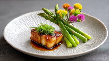 A beautifully plated dish featuring glazed fish, garnished with fresh herbs and accompanied by asparagus and colorful flowers on a textured plate.