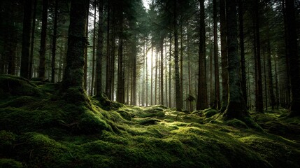 Obraz premium Sunlight illuminates a dense, moss-covered forest floor, creating a peaceful and serene atmosphere among tall, slender trees, showcasing a natural and tranquil woodland scene.
