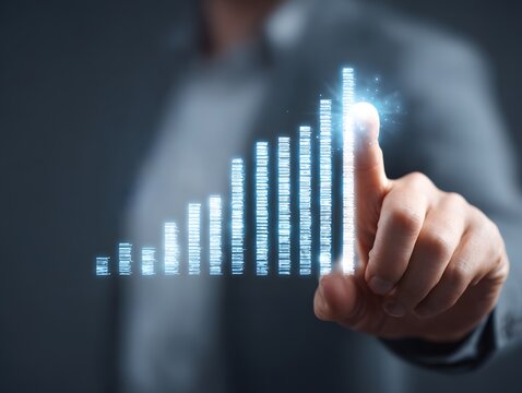 Businessman touching virtual data bar chart showing growth and progress, analytics concept for success, finance, business development, and performance