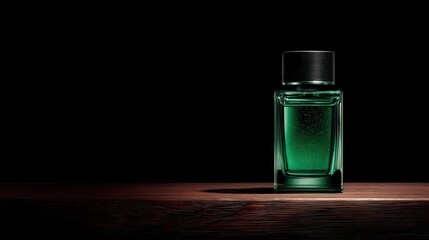 A green perfume bottle sitting on a wooden surface