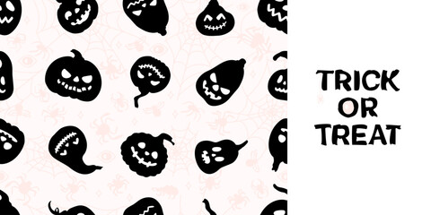 Cute spooky smile pumpkins silhouettes on a doodles background. Seamless vector pattern. For Happy Halloween holiday fabric, wrapping paper, textile.