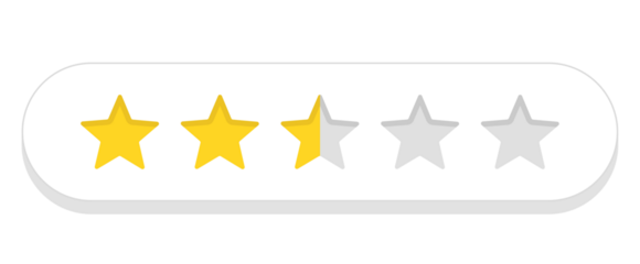 Two and a half star rating bar in white capsule design, below average customer review feedback score, PNG with transparent background