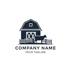 Silhouette of a barn with a cow standing near a fence, representing a farm logo. © agussssss