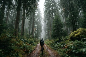 Cyclist rides through a lush green forest trail on a misty day. Ideal for travel blogs, outdoor adventure, and healthy lifestyle themes.