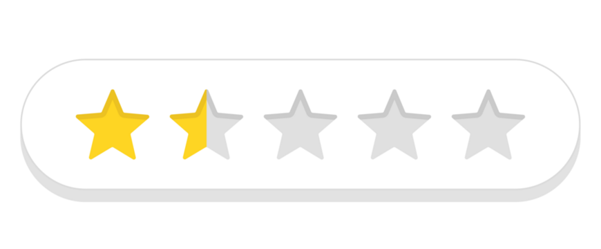 One and a half star rating bar in rounded white capsule style, very low customer feedback review score, PNG with transparent background