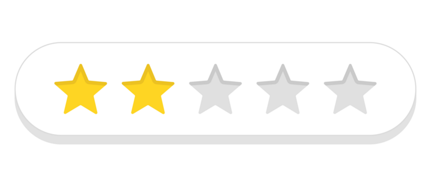 Two star rating bar in white capsule style, poor customer review score for dissatisfaction feedback, PNG with transparent background